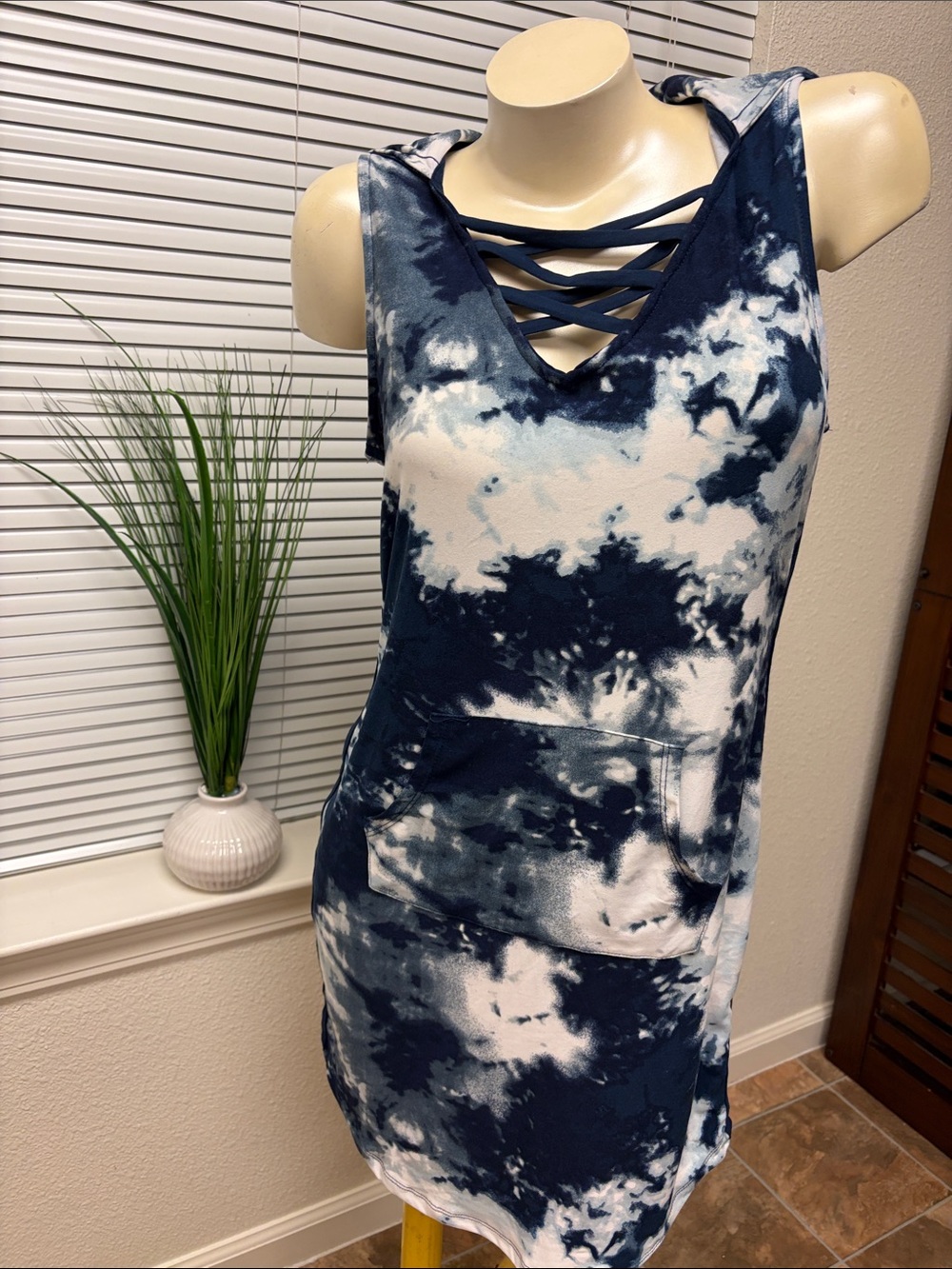 No Boundaries Navy and White Tie-Dye Midi Dress with Crisscross Neckline